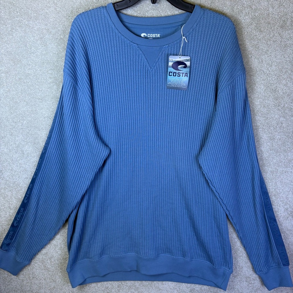 Costa Waffle Knit Pullover Men Large Blue UPF50 Performance Shirt Sweater LS NEW